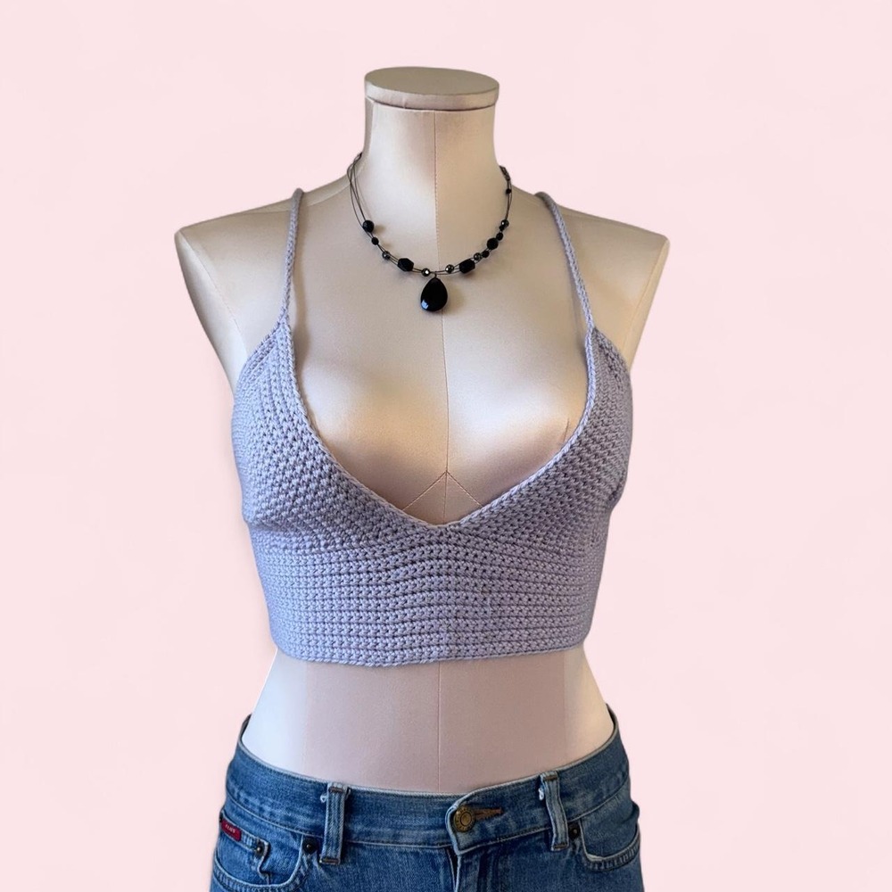Lavender crochet knit bralette soft crochet knit with a flattering plunge
